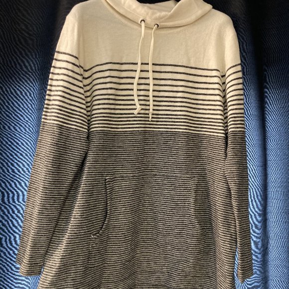 Cozy Cowl Neck Striped Navy & Cream Sweater - Picture 2 of 12